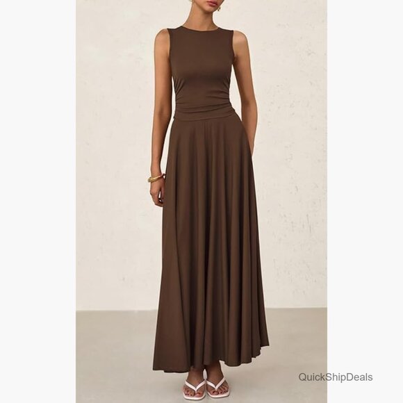 Sleeveless Crewneck A-Line Maxi Dress Stretch Tank Flowy Long Dress - Picture 3 of 7
